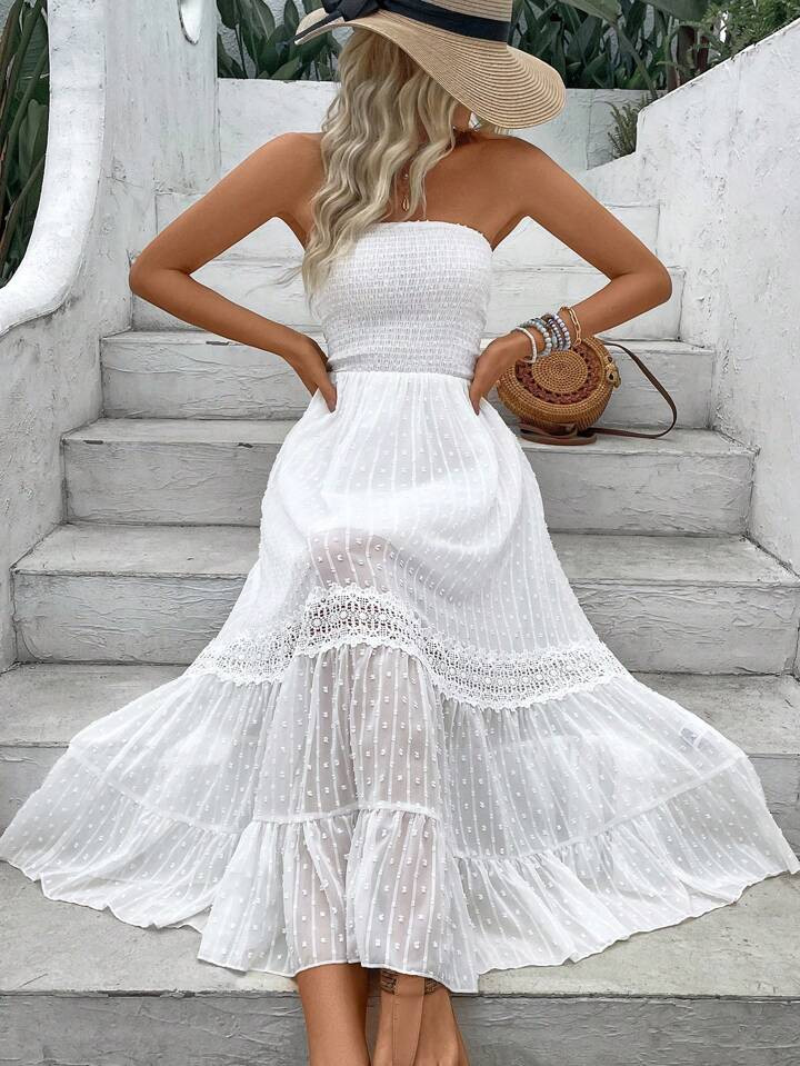 SHEIN VCAY Women's Lace Floral Patchwork Bandeau Holiday Summer Dress | SHEIN