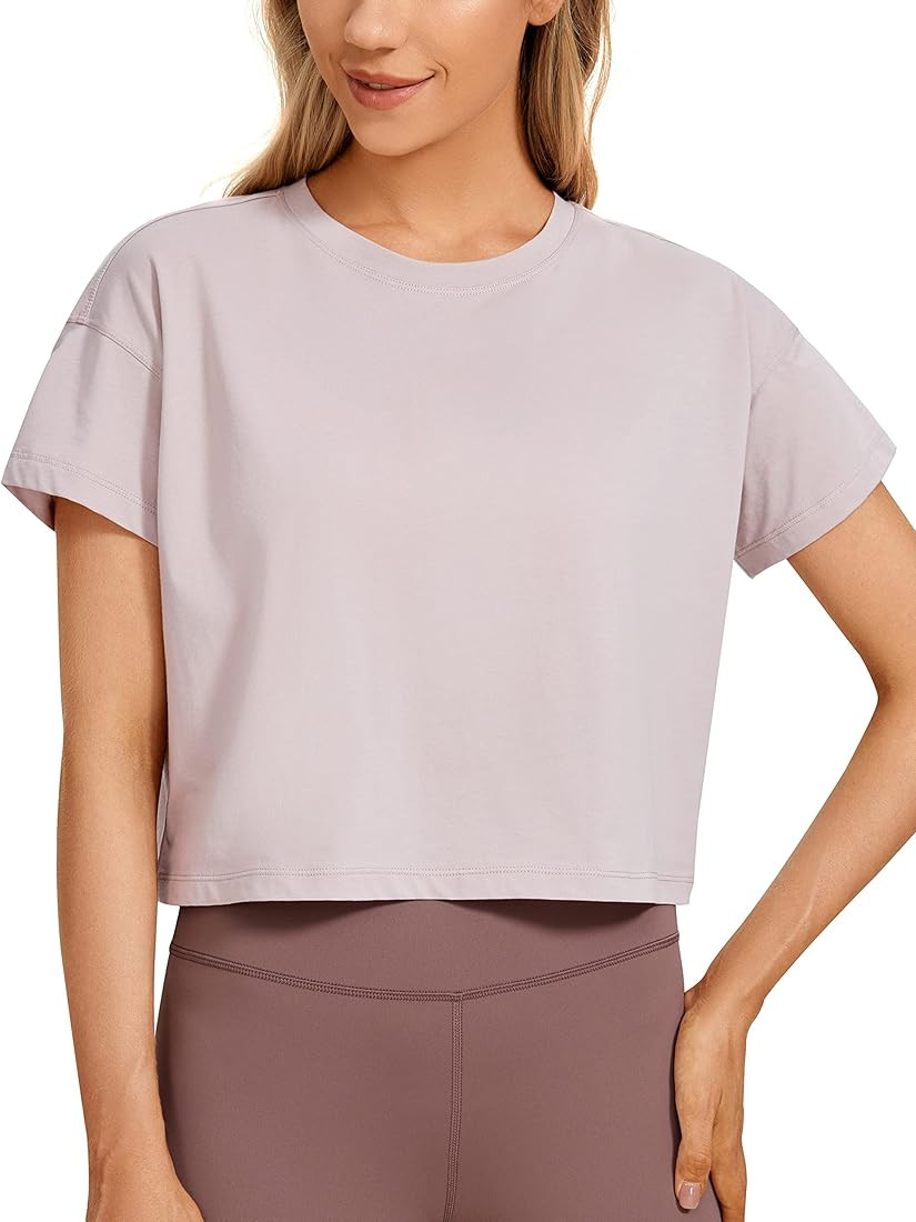 Women's Pima Cotton Workout Short Sleeve Shirts Loose Crop Tops Athletic Gym Shirt Casual Cropped... | Amazon (US)