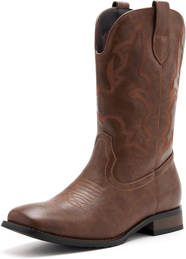 Cowboy Boots for Men Classic Embroidered Western Boots Slip Resistant Square Toe Chunky Heel Ankl... | Amazon (US)