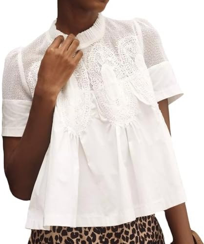 VAOYIU Women Lace-Detail Flared Blouse Short-Sleeve Crew Neck Flowy Mesh Swing Top Casual Dressy ... | Amazon (US)