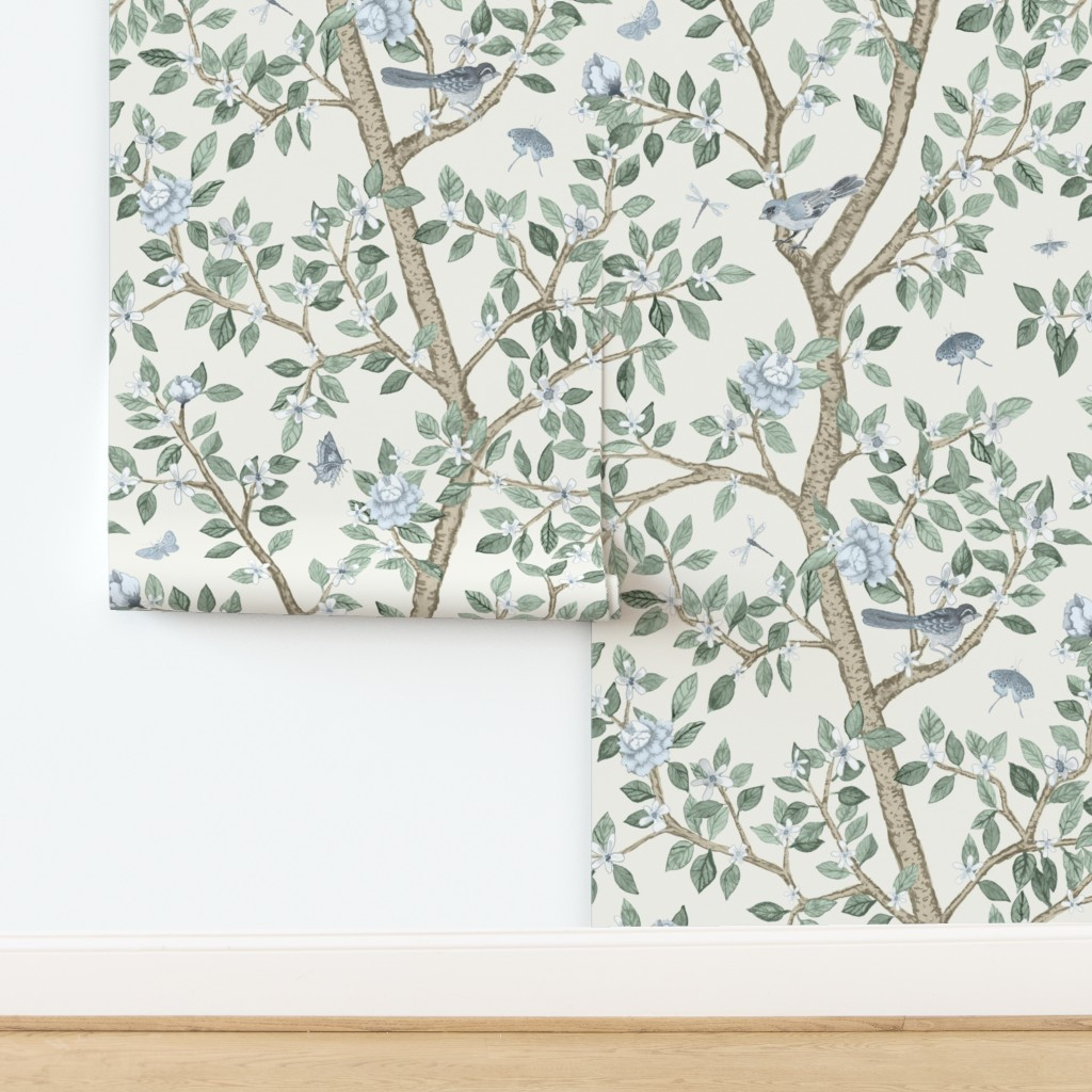 Wallpaper in Custom Silver Spruce_ Tan and Soft Blue Elsie's Garden | Spoonflower
