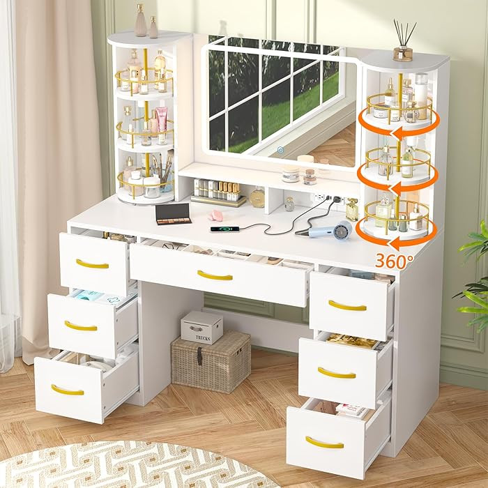 Vanity Desk with Mirror and Lights, White Makeup Vanity Table with 360° Rotating Shelves, Large ... | Amazon (US)