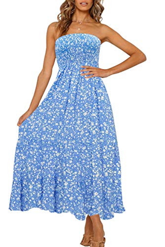 ZESICA Women's Summer Bohemian Floral Printed Strapless Beach Party Long Maxi Dress,Blue,X-Small | Amazon (US)