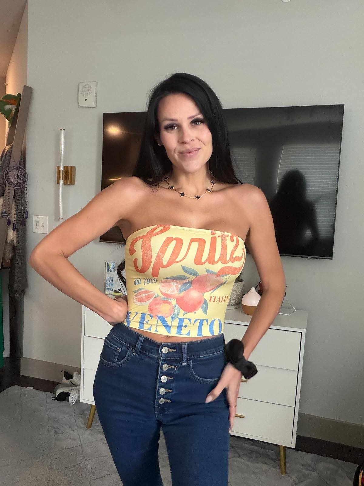 Italy dreaming! This adorable Spritz-themed tube top is perfect for warm days, paired with my favorite high-rise button-fly jeans. Click the link in bio to shop this exact outfit! #LTKstyletip #SummerOutfits #DenimStyle 

 #LTKdayinmylife #LTKgrwm #LTKootd