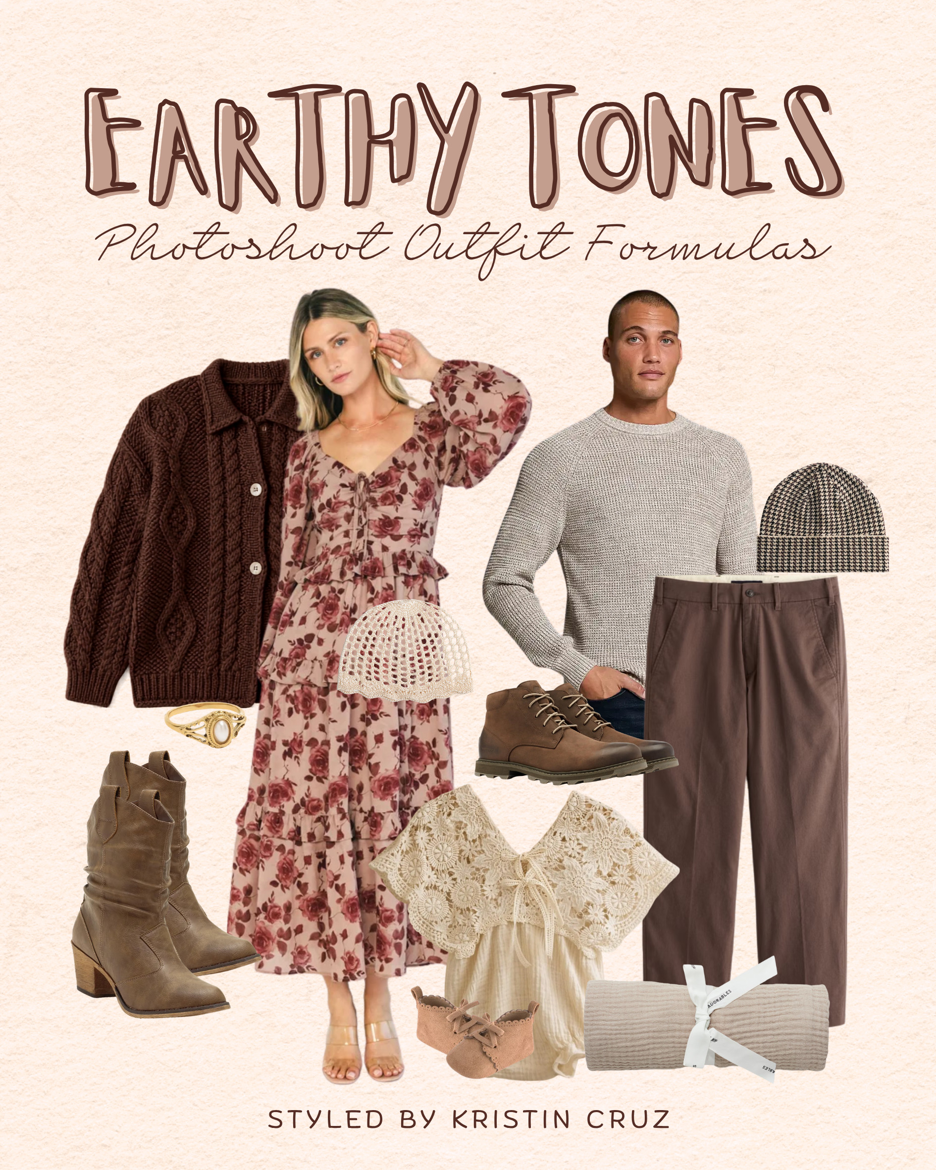 This is the palette for a couple who wants their photos to feel warm and timeless, not trendy. Floral dress with a chunky cardigan for her, a textured sweater and brown trousers for him, boots on both. Nothing matches exactly, but it all sits in the same warm, earthy range.  

 #LTKSeasonal #LTKU #LTKKids