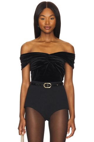 Good American Velvet Off Shoulder Top in Black001 from Revolve.com | Revolve Clothing (Global)