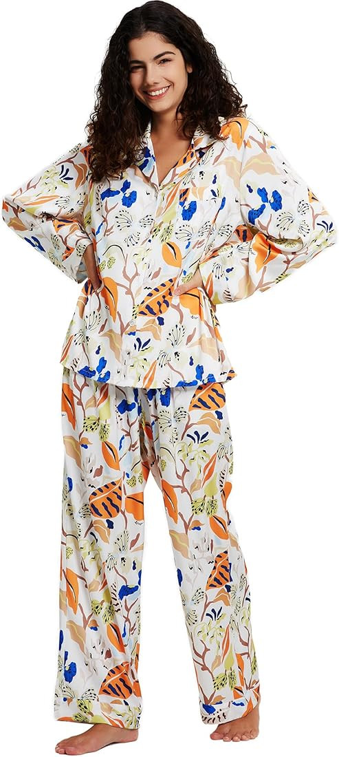 Womens Silk Satin Pajamas Set Button Down 2 Piece Pjs Long Sleeve Oversized Sleepwear with Pocket... | Amazon (US)