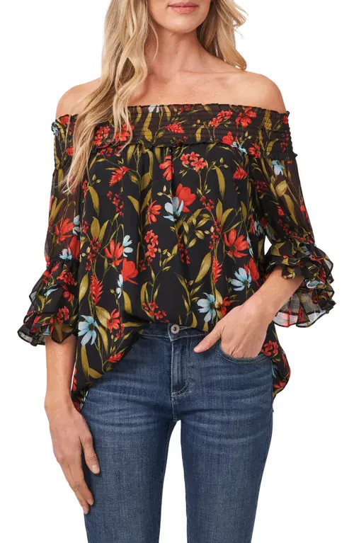 CeCe Off the Shoulder Floral Top in Rich Black at Nordstrom, Size Small | Nordstrom