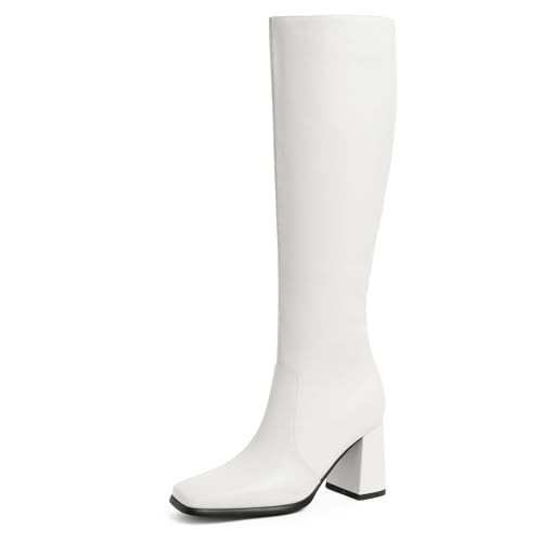 MIRAAZZURRA Stiefel Damen Klobig Hohe Stiefel Square Toe Chunky High Heel Boots Damenstiefel mit Absatz für Frauen Weiß 36EU | Amazon (DE)