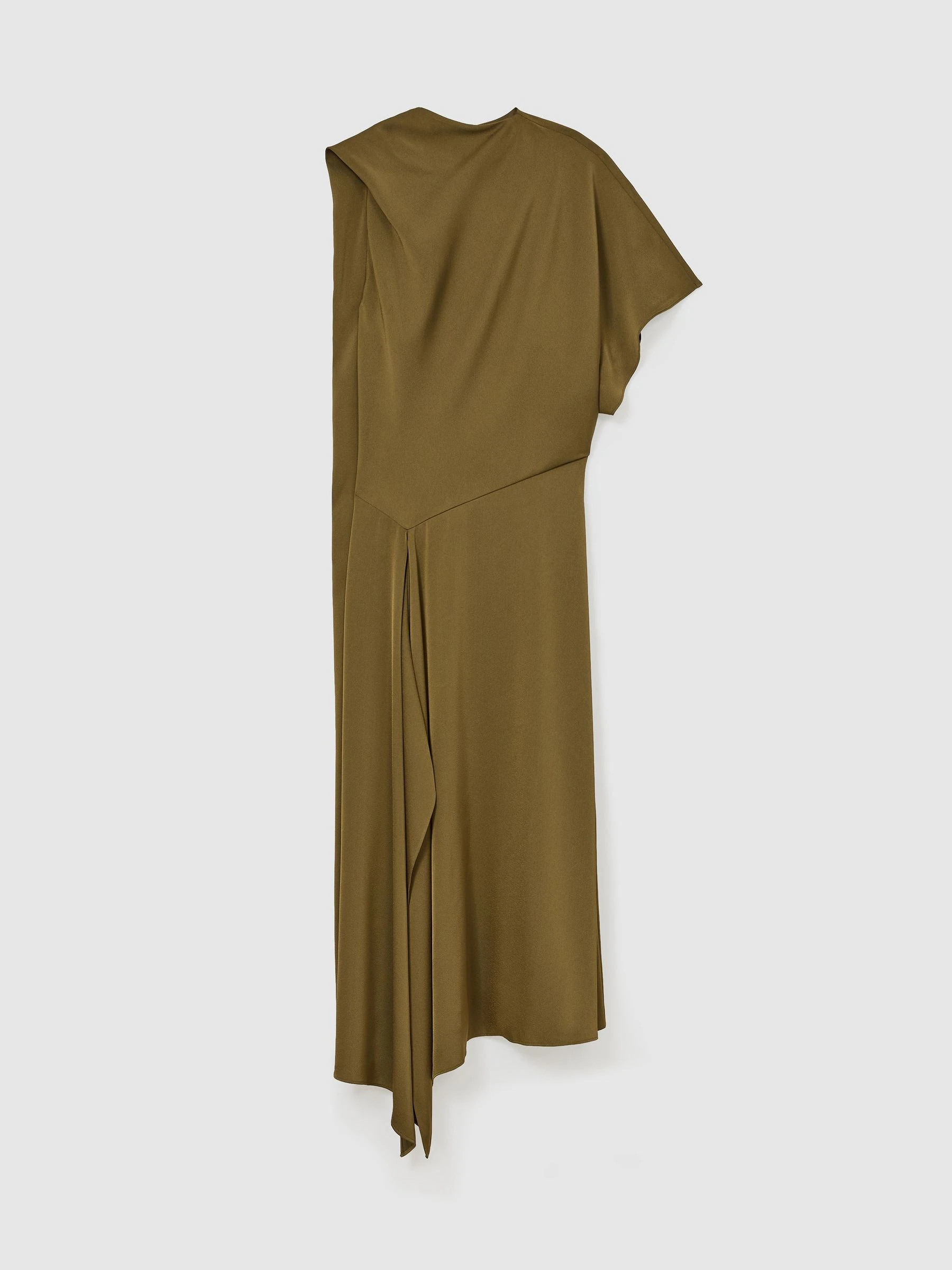 Reiss Reiss Khaki Green Naomi Satin One-Shoulder Draped Midi Dress | Next US