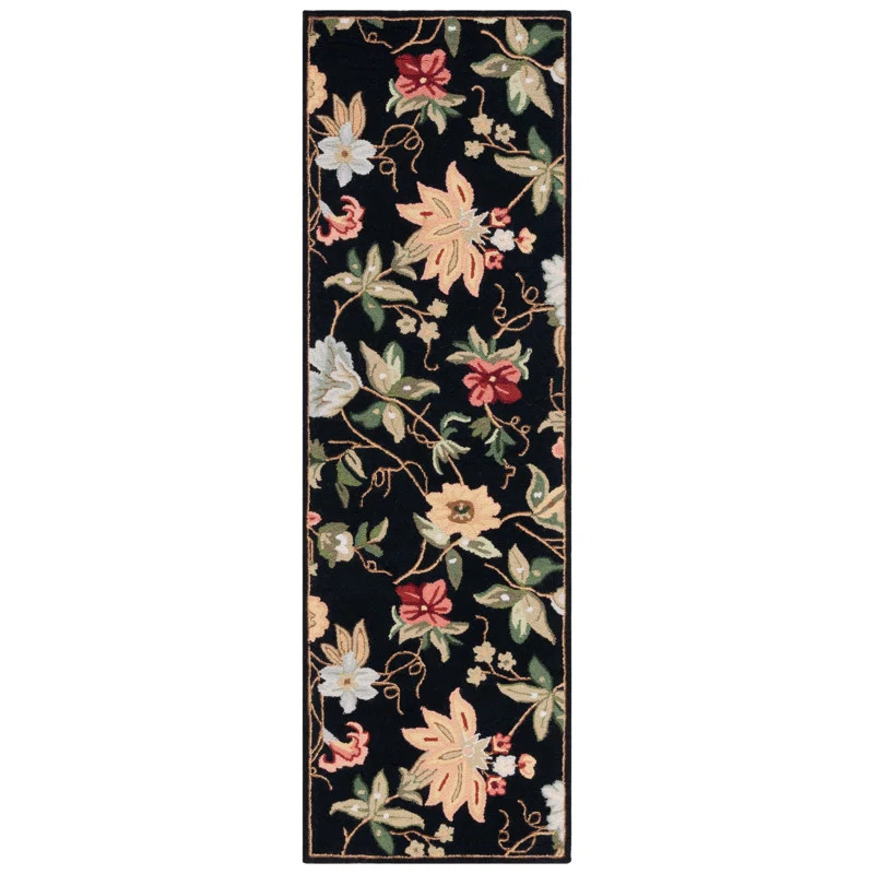 Hollander Floral Handmade Looped/Hooked Wool Black Area Rug | Wayfair North America