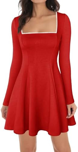 Lrady Womens Square Neck Bodice Dress Long Sleeve Flare A Line Club Party Mini Ruffle Swing Short... | Amazon (US)