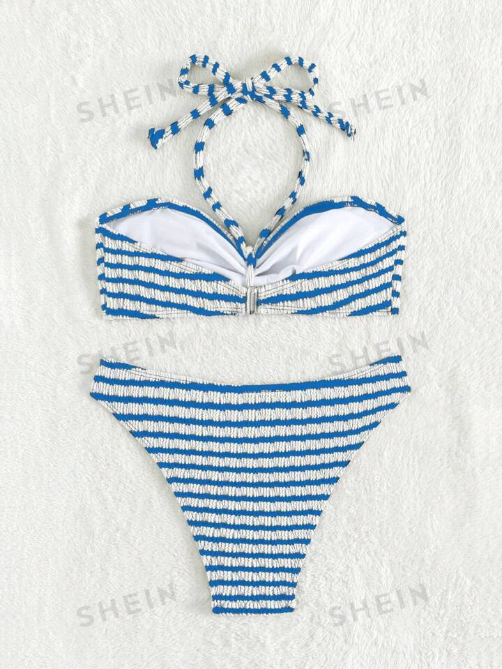 SHEIN Swim Vcay Color-Block Striped Two-Piece Bikini Set For Vacation, Summer Beach | SHEIN