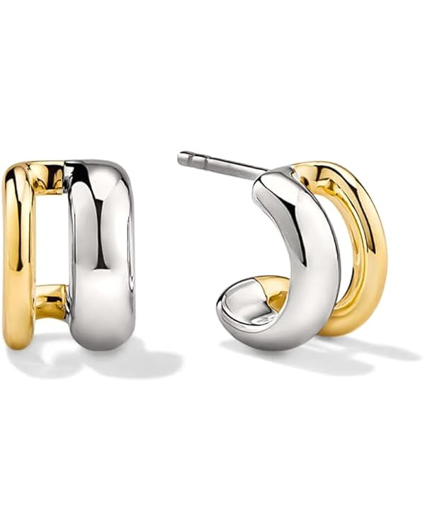 Two Tone Hoop Earrings for Women,Trendy Sterling Silver Gold C Shaped Hoop Earrings for Girls Cla... | Amazon (US)