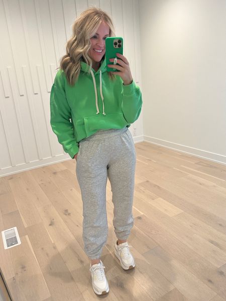 This green is sold out but there are three other colors! I am wearing a medium in hoodie and a small in my favorite joggers of all time!!!!! #hocspring #createdcolorful #hocautumn 

#LTKover40 #LTKSpringSale #LTKSeasonal