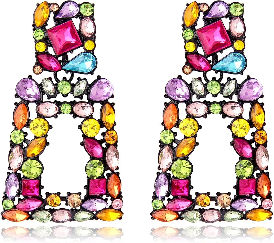 Rhinestone Rectangle Dangle Earrings for Women Sparkly Crystal Geometric Drop Statement Earrings ... | Amazon (US)