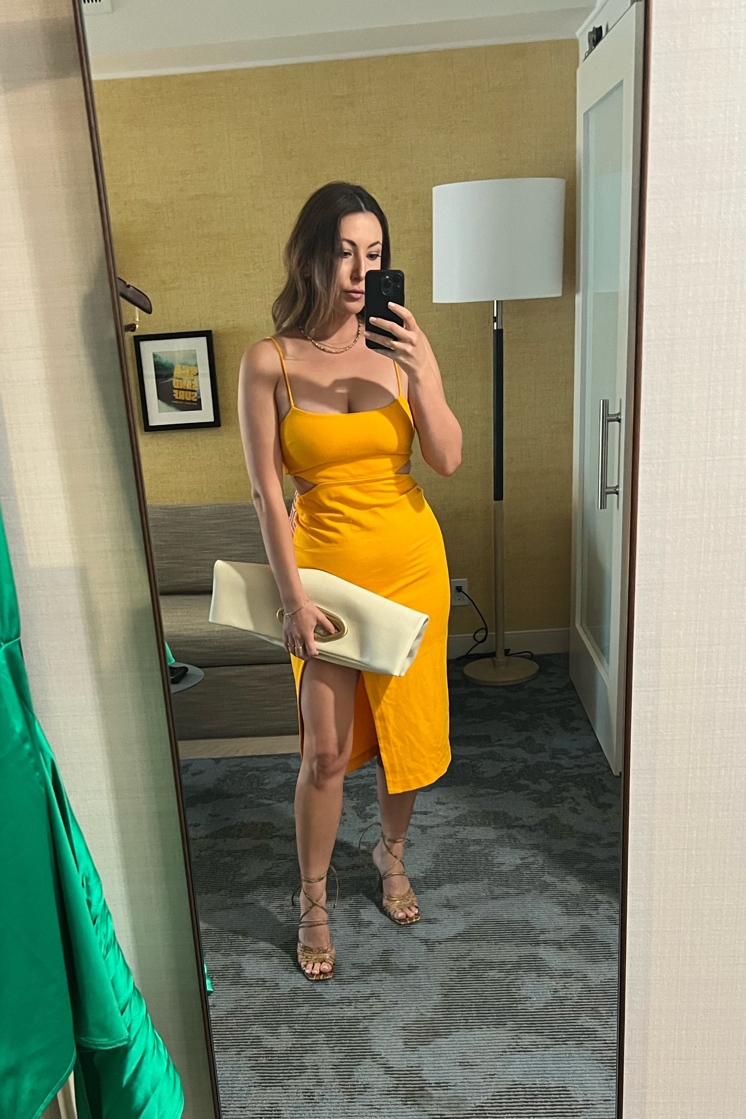 Revolve h:ours Yellow Cut Out Midi Dress (ON SALE multiple colors) + Vince Camuto Heeled Snake Skin Sandals + Cult Gaia White Reza Tote - Wedding Guest Dress

#LTKParties #LTKWedding #LTKFindsUnder100