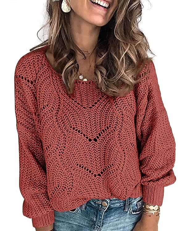 Dokotoo Womens 2023 Cute Elegant Soft Crewneck Long Sleeve Hollow Cable Knit Pullover Sweaters | Amazon (US)