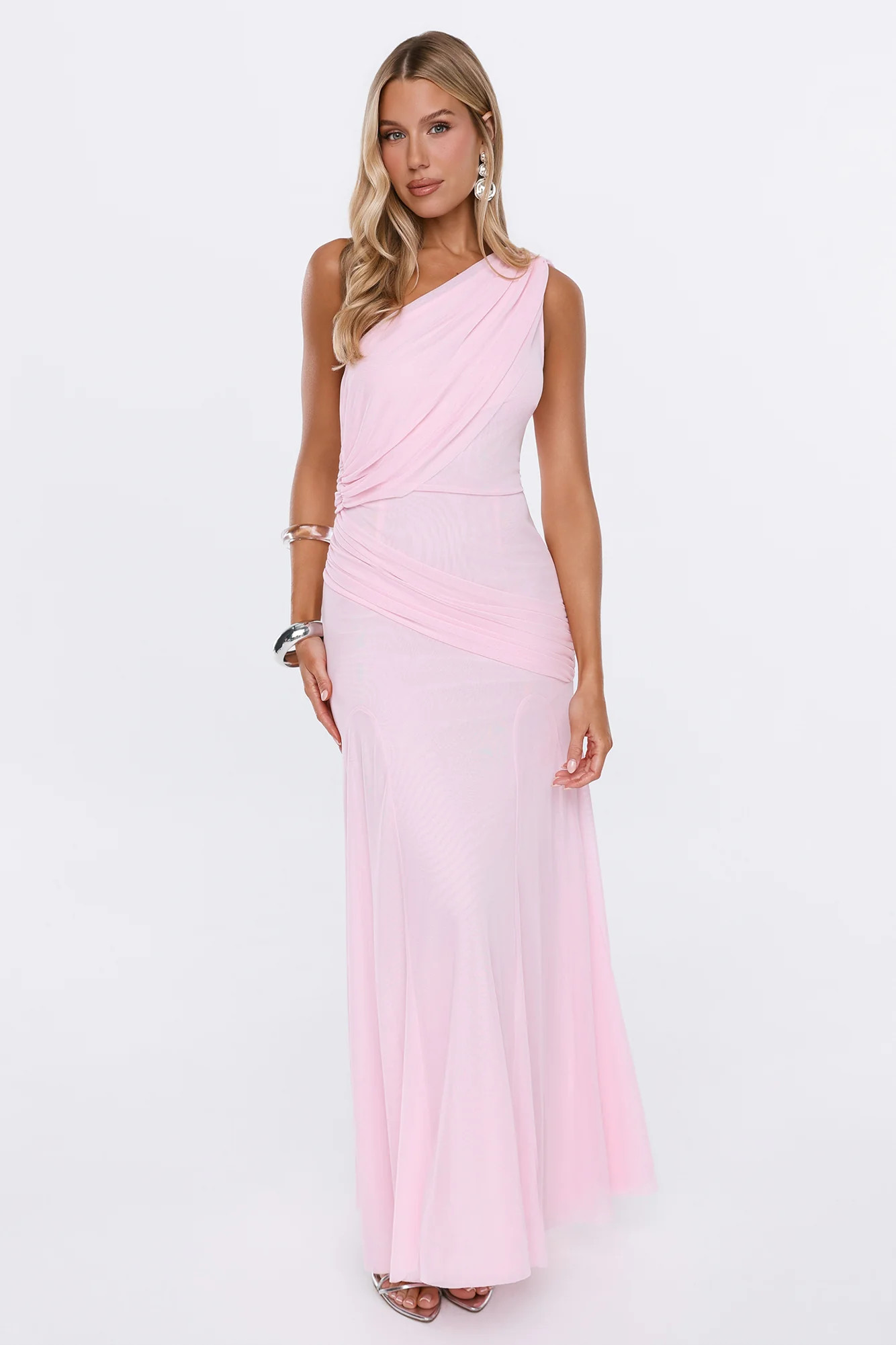 The Influencer Mesh One Shoulder Maxi Dress Pink | Hello Molly (US)
