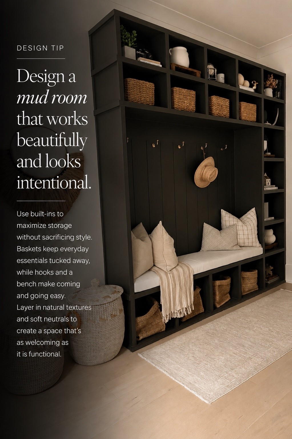 A hardworking mud room can still feel beautifully styled 🤎 Built-in storage, woven baskets, brass hooks, a comfortable bench, soft pillows, and layered neutral textures keep everyday essentials organized while creating a warm, welcoming space.

#porcheandco #MudRoomDesign #MudRoomInspo #HomeOrganization #HomeDecor

#LTKHome #LTKvlog