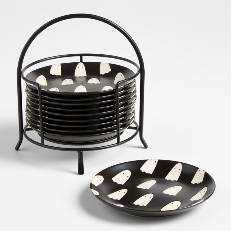 Ghosts 6" Appetizer Plates with Stand, Set of 10 | Crate & Barrel | Crate & Barrel