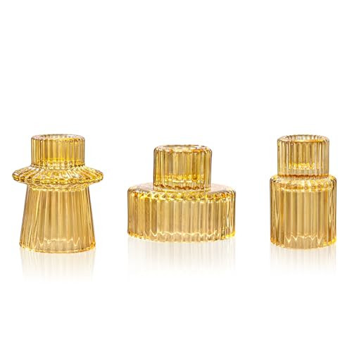WELLIFE 3 Pcs Amber Glass Candle Holder, Taper Candle Holder, Amber Glass Candlestick Holder for Party, Wedding Decorations, Table Centerpieces and Thanksgiving | Amazon (US)