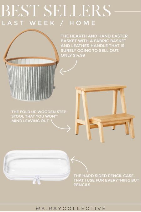 Here’s our best selling links from last week in home. This wooden stepstool with a fold up lower step has been one of our most popular links from last year. I can’t get enough of this fabric Easter basket with a leather handle from her in hand. And the number one in storage in organization is hard shell pencil case with zipper closure.

#BestSellers #Home #HomeBestSellers #MostLoved #Stepstool #EasterBasket #Organization 

#LTKMostLoved #LTKfindsunder50 #LTKhome