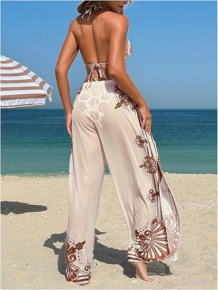 SHENHE Women's 3 Piece Swimsuits with Pants Triangle Halter String Bikini Set and Cover Up | Amazon (US)
