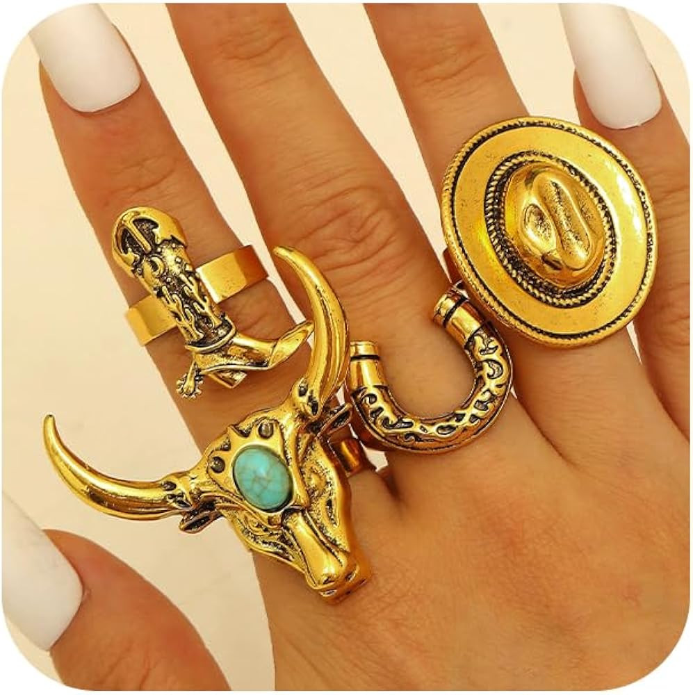 4Pcs Retro Gold Cowgirl Cow Hats Cowhead Stackable Rings for Women, Vintage Western Silver Boot H... | Amazon (US)