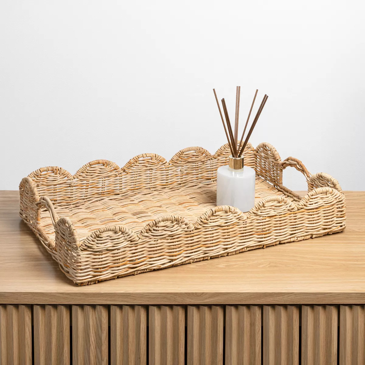 happimess Scalloped 21.5" Southwestern Cottage Hand-Woven Rattan Tray with Handles | Target