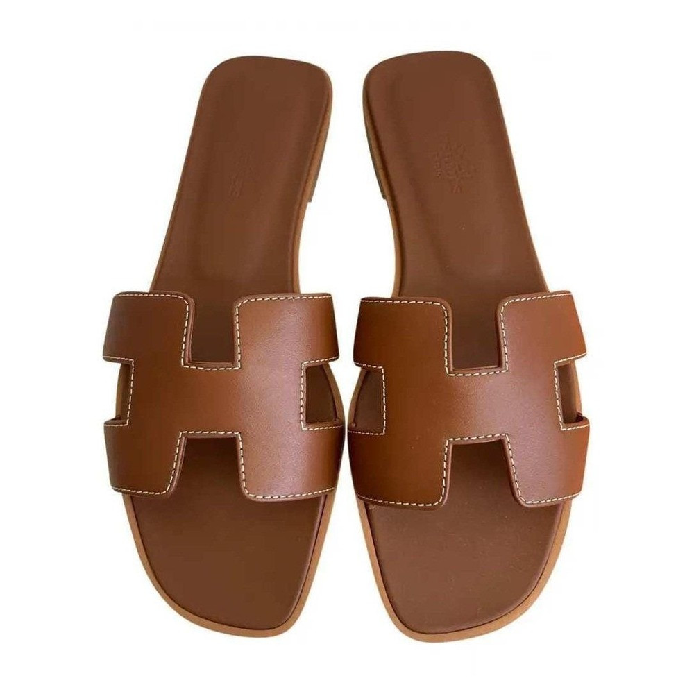 Hermes Oran Leather Sandal Women US 9.5 EU 40 Brown Gold H Cutout Calfskin Italy | Poshmark