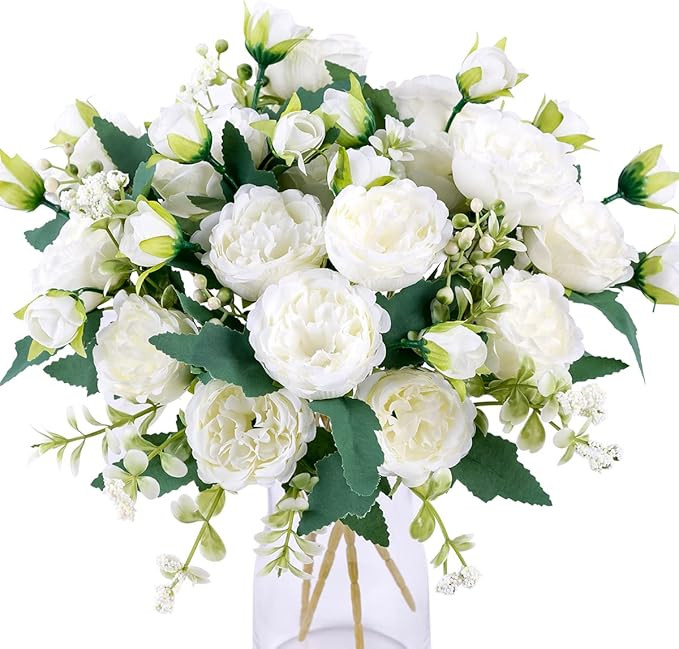 Floweroyal 2 Bunches Peony Artificial Flowers White Flowers Silk Peonies Bouquets for Wedding Par... | Amazon (US)