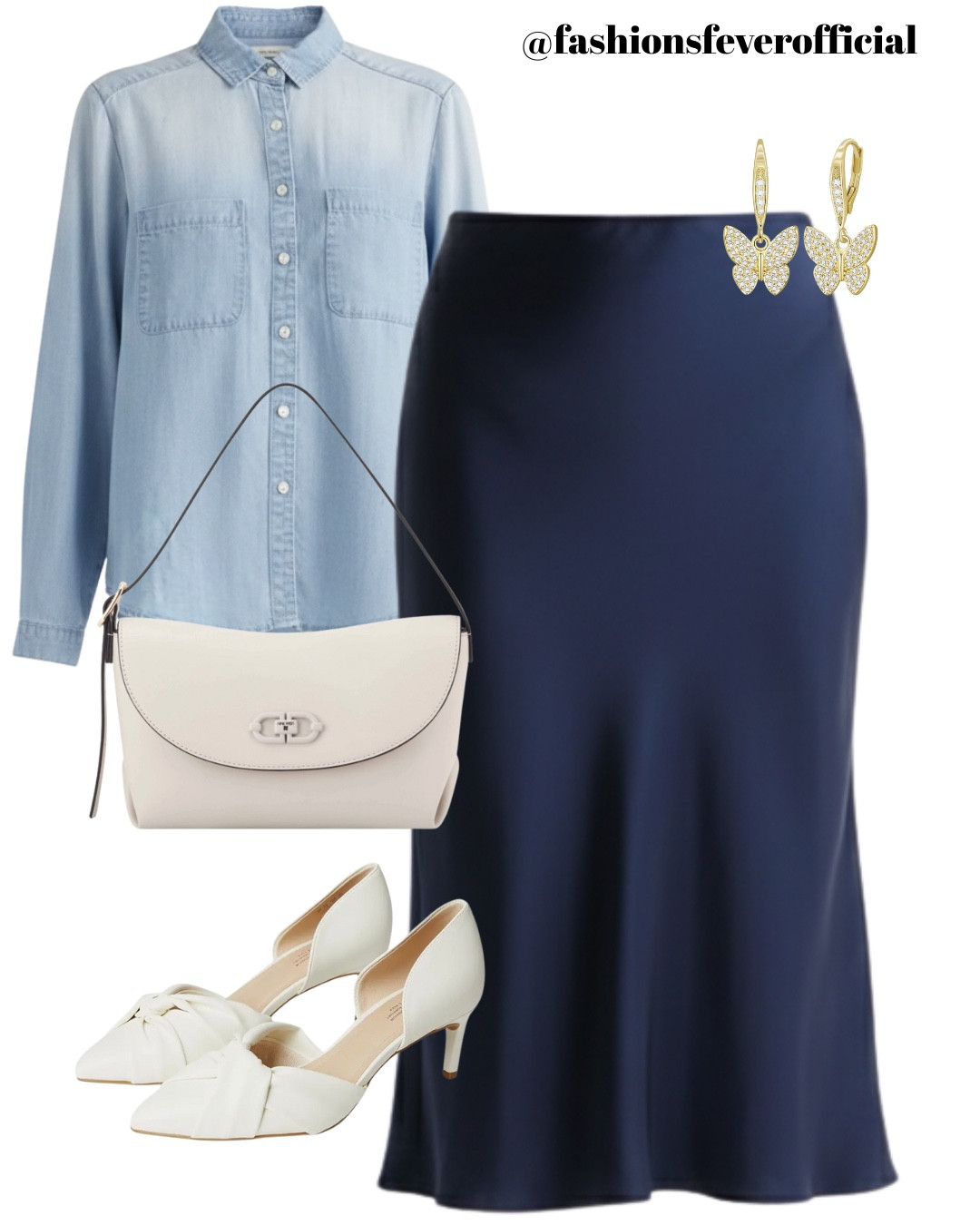 Spring Outfits 2026! 
A classic denim button-down styled with a silky navy midi skirt for an elevated everyday look. Finished with elegant white heels, an ivory shoulder bag, and delicate statement earrings—perfect for brunch, city strolls, or polished casual days.

Note: If the link to the shirt opens the homepage, just type “Chambray Tencel Shirt” in the site’s search bar to find the exact shirt.

Flatlay shows the actual items linked. AI-generated image is used for outfit inspiration only. All products tagged are real and available to shop.
#LTKFashion #LTKStyletip #LTKSpring #LTKSummer #SpringStyle

#LTKootd #LTKSeasonal