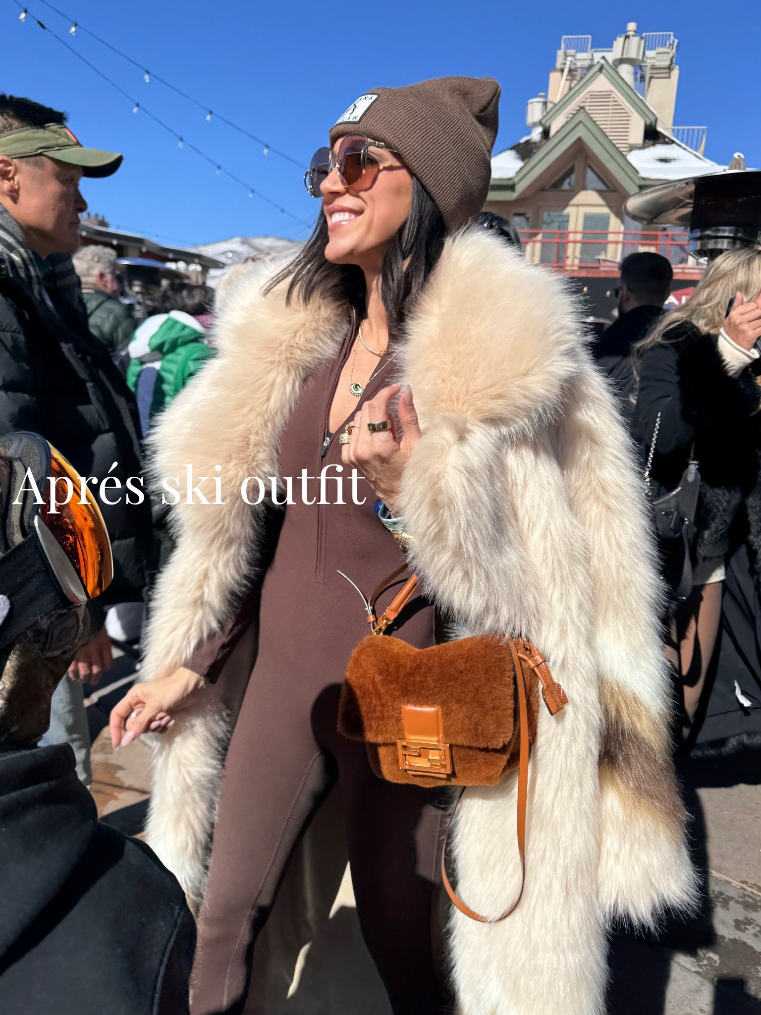 What I wore to Aprés ski in Aspen this weekend. We stopped at Ajax tavern for a fun afternoon of music and dancing! 

I wore the absolute warmest faux Fur coat on the planet! I paired it with this chocolate brown one piece that o found on Amazon! It was so flattering on, and comfortable! The. Put on warm and cozy moon boots, a faux fur bag, and a beanie!!

Also linked the mittens I wore that I found on Amazon! Love a great Amazon find… So warm and so cute!! 

#LTKSeasonal #LTKTravel #LTKootd