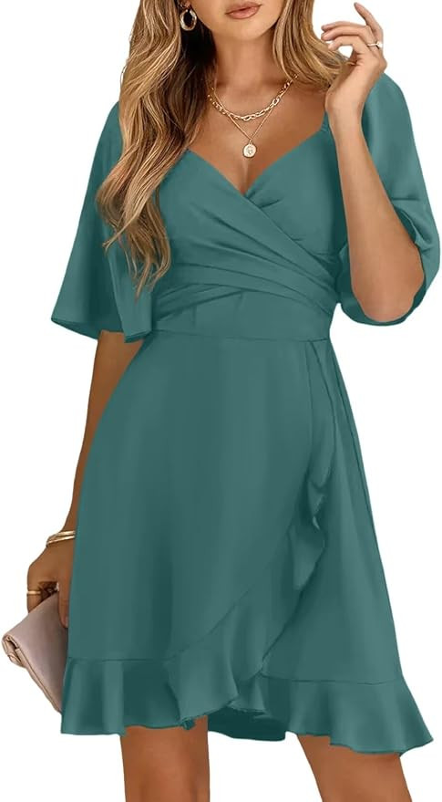 Dokotoo Women's Wrap V Neck Short Flared Sleeve Wedding Guest Dress Smocked Elastic Waist Tiered ... | Amazon (US)