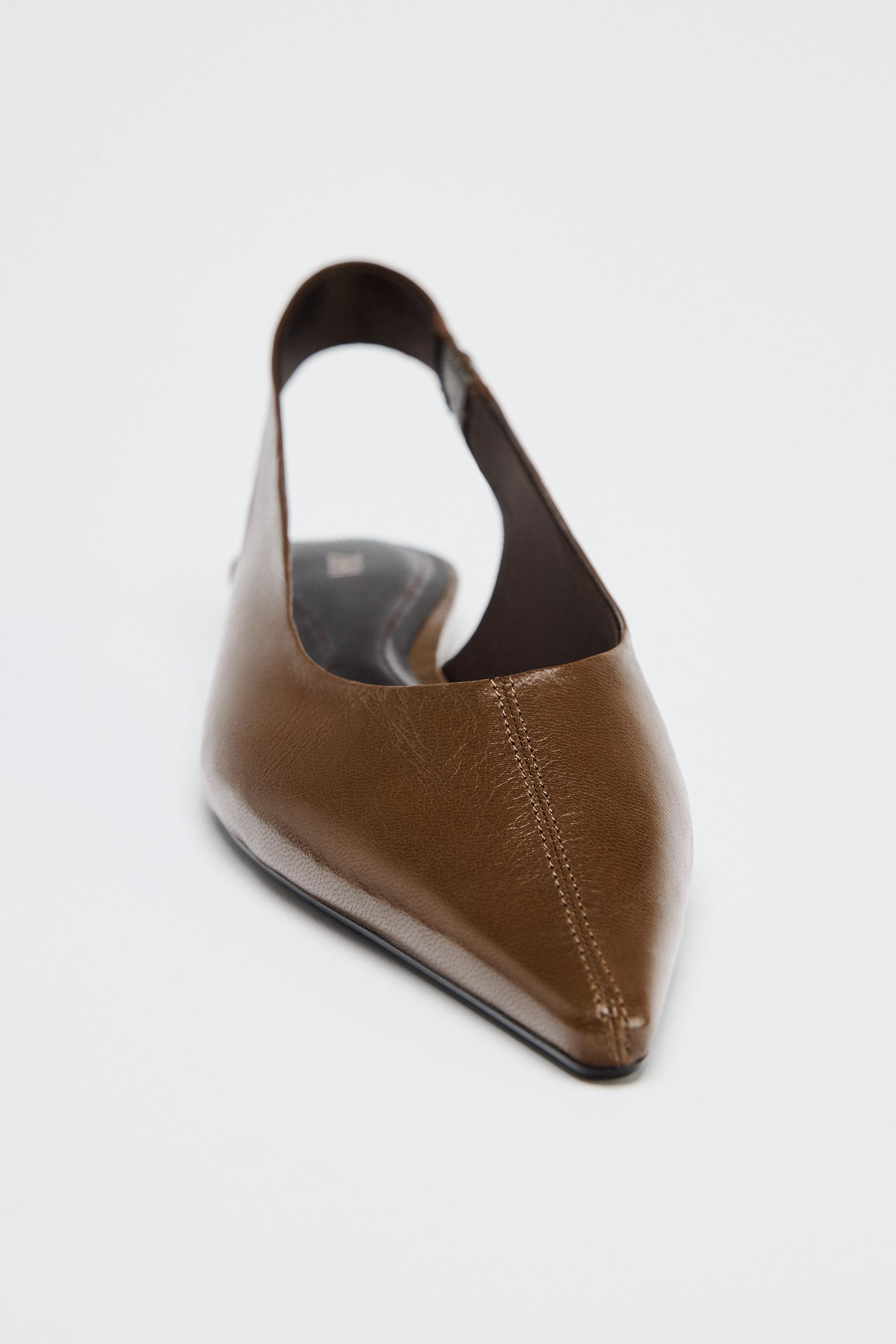 Leather slingback heels. Topstitching detail at upper. Back strap with elastic side. Pointed toe.... | Zara US