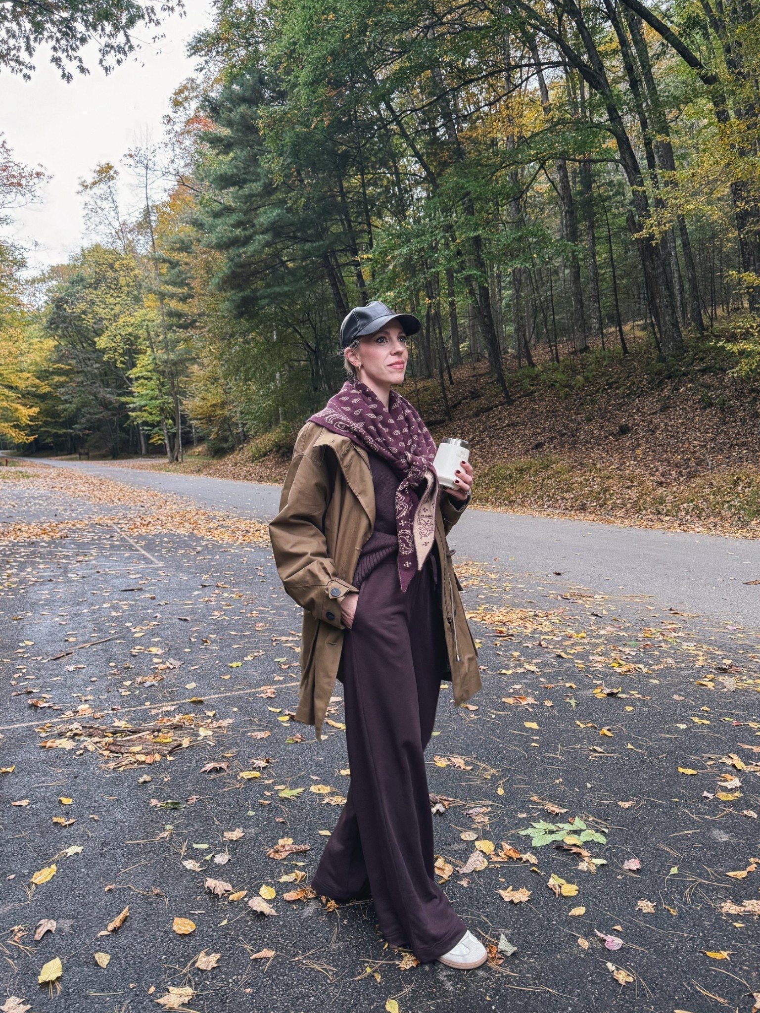 Casual fall outfit, fall getaway, cabin outfit, @Guest In Residence bandana print scarf, burgundy wide leg joggers, canvas barn coat