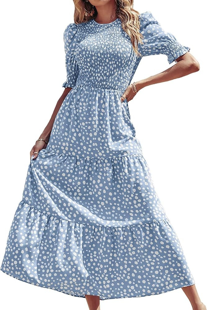 BTFBM Women Casual Summer Dresses 2026 Spring Crew Neck Ruffle Short Sleeve Smocked Floral Boho F... | Amazon (US)