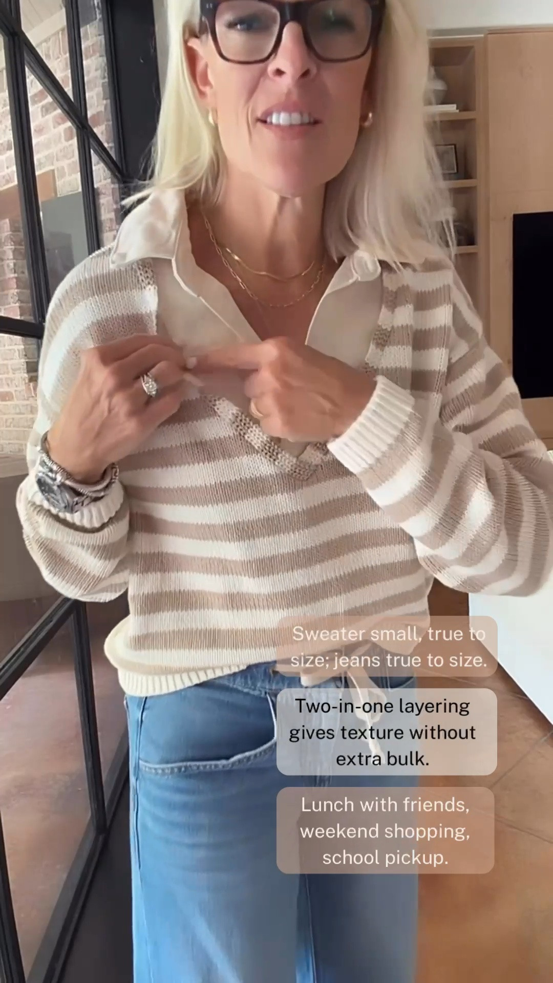 I love the easy polish of this two-in-one sweater, it gives you the look of a collared shirt layered under a soft, neutral sweater without the extra bulk. I’m wearing a small, true to size, with true-to-size jeans.

The jeans are low stock, so I’m also linking several similar options that work beautifully with this sweater. Such an easy combination for lunch with friends, weekend shopping, or everyday errands.