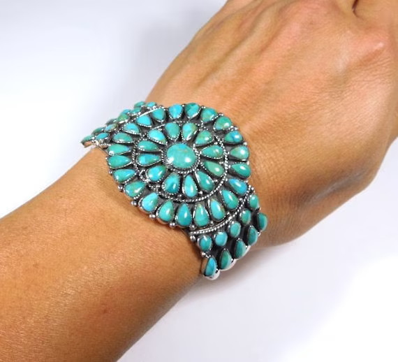 Southwest style Kingman Turquoise 925 Sterling Silver Cluster Cuff Bracelet. USA Seller | Etsy (US)