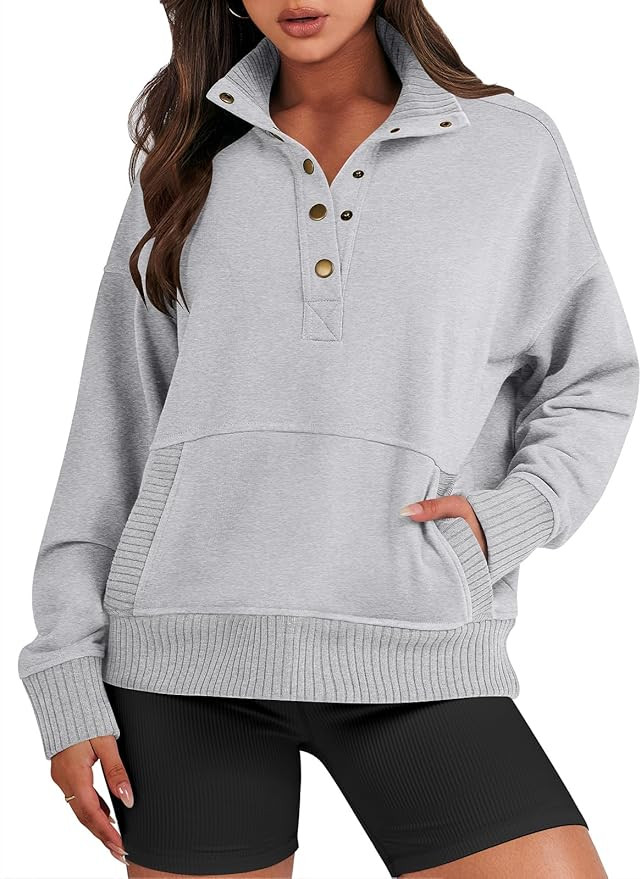 ANRABESS Women's Casual Long Sleeve Sweatshirt Button Up V Neck Loose Henley Pullover Tops with P... | Amazon (US)