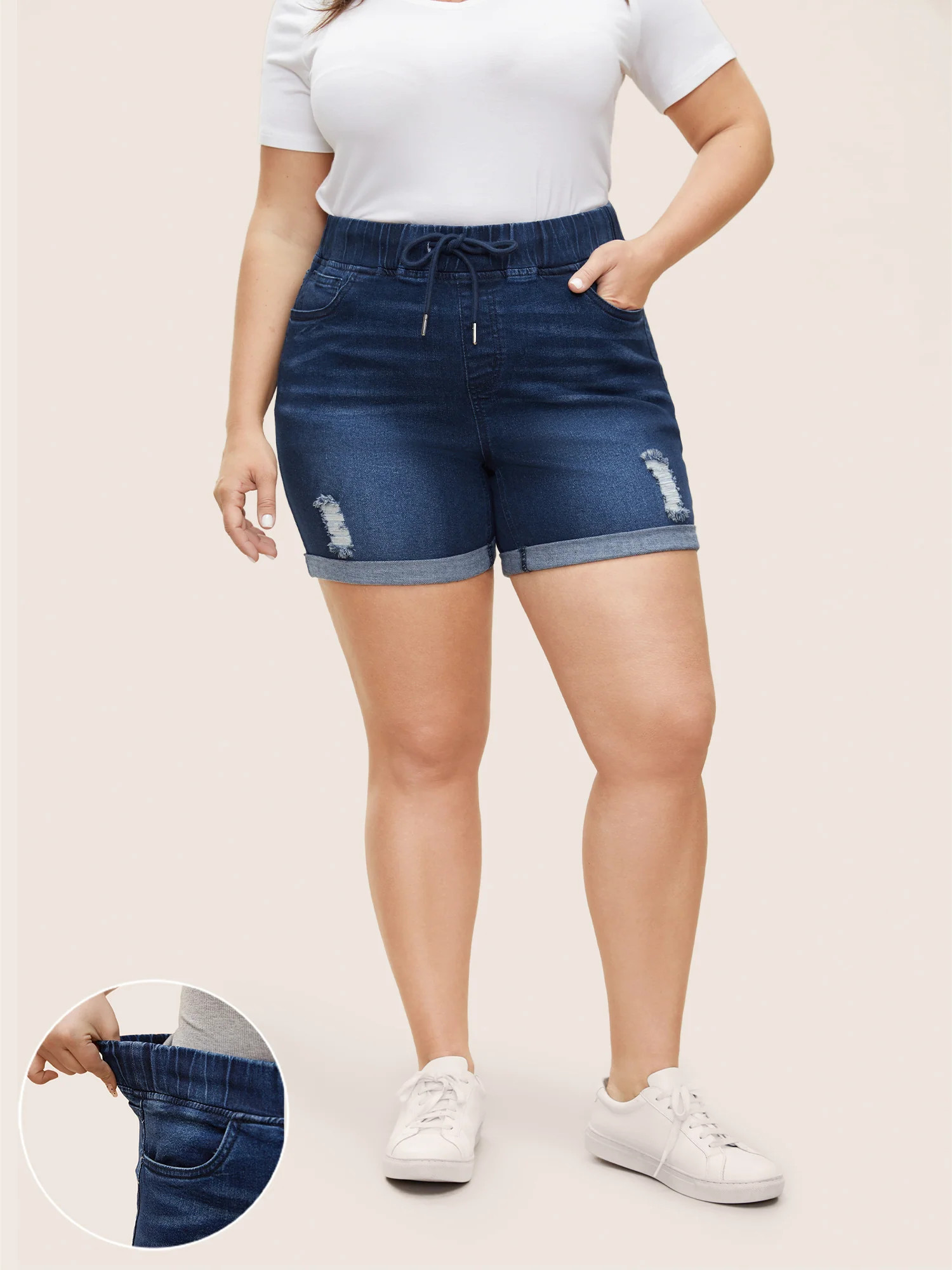 Distressed Drawstring Roll Hem Denim Shorts | Bloomchic