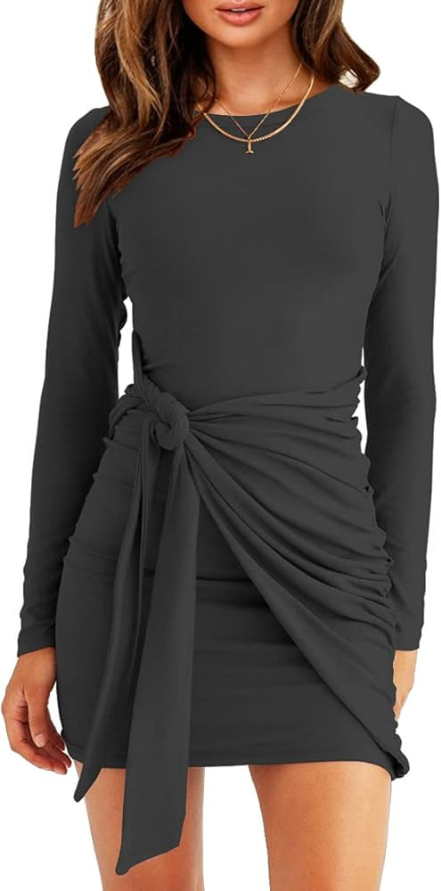 LETSRUNWILD Women's Fall T-Shirt Dress Crew Neck Ruched Tie Waist Long Sleeve Solid Casual Bodycon S | Amazon (US)