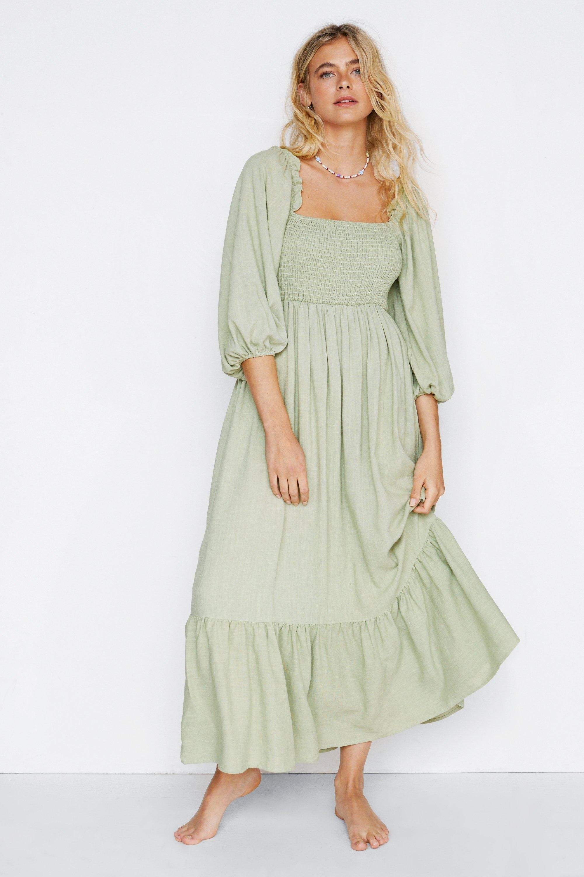 Linen Shirred Detail Tiered Midi Dress | Nasty Gal (US)
