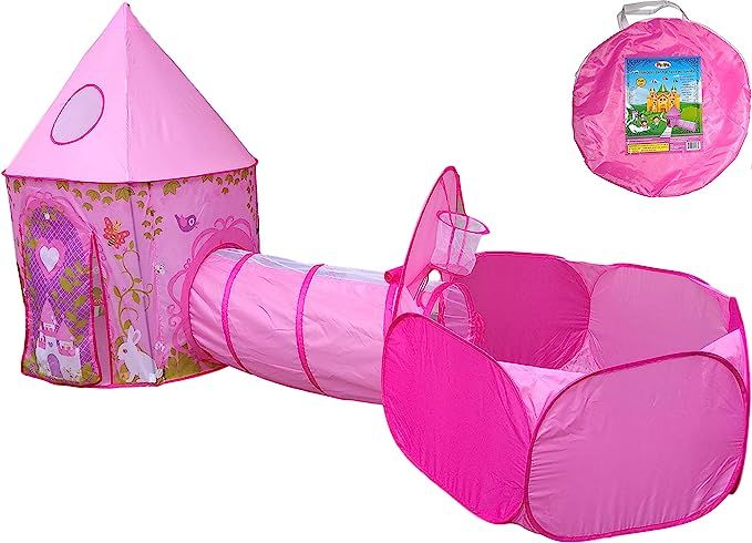 Playz 3pc Girls Princess Fairy Tale Castle Play Tent, Crawl Tunnel & Ball Pit w/ Pink Prairie Des... | Amazon (US)