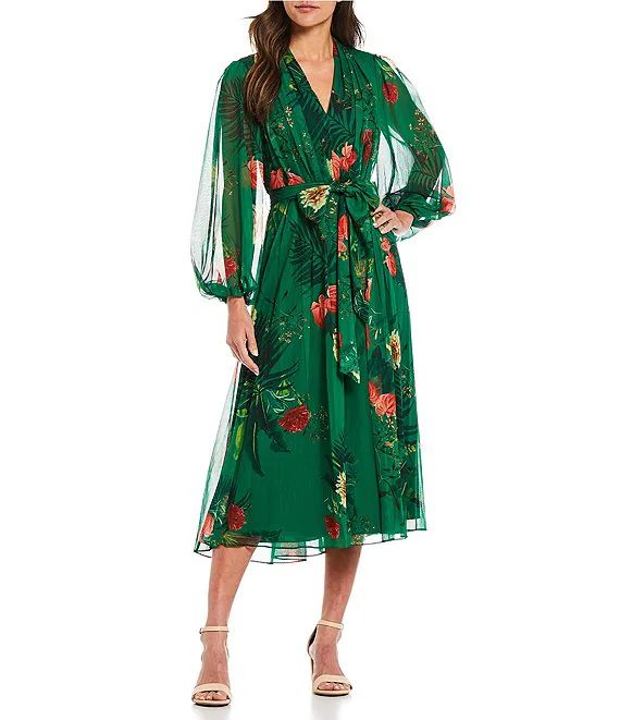 Hayden V-Neck Long Sleeve Pleated Palm Floral Print Dress | Dillards