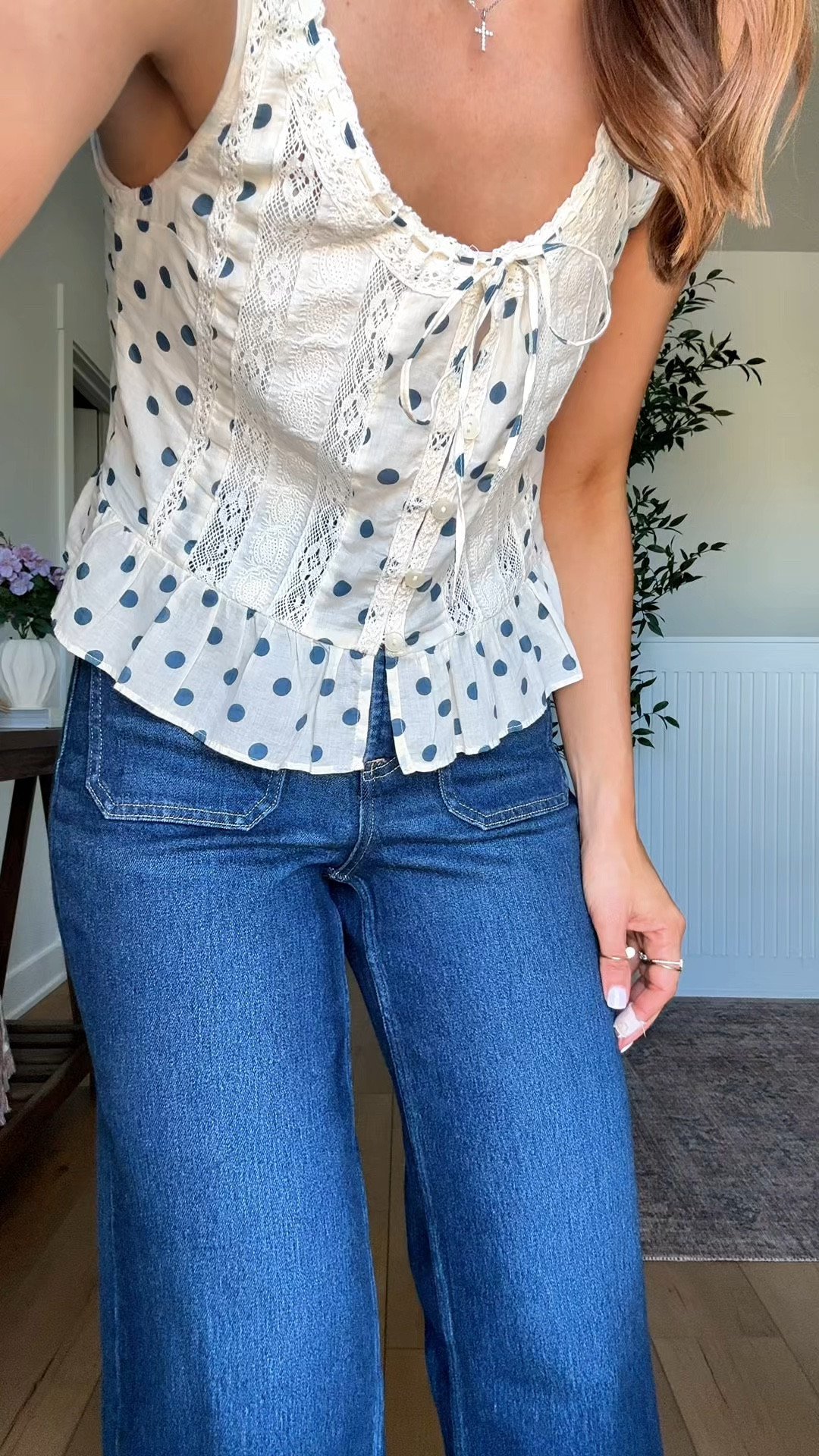 Code LTKSPANX! Spring outfit. Elevated casual. Spring style. Spring #ootd. Shapewear wide leg crop jeans in XS petite - could size down if in-between. So comfy! Polka dot peplum tank in XXS. Woven flats are TTS. 

#LTKPetite #LTKgrwm #LTKootd