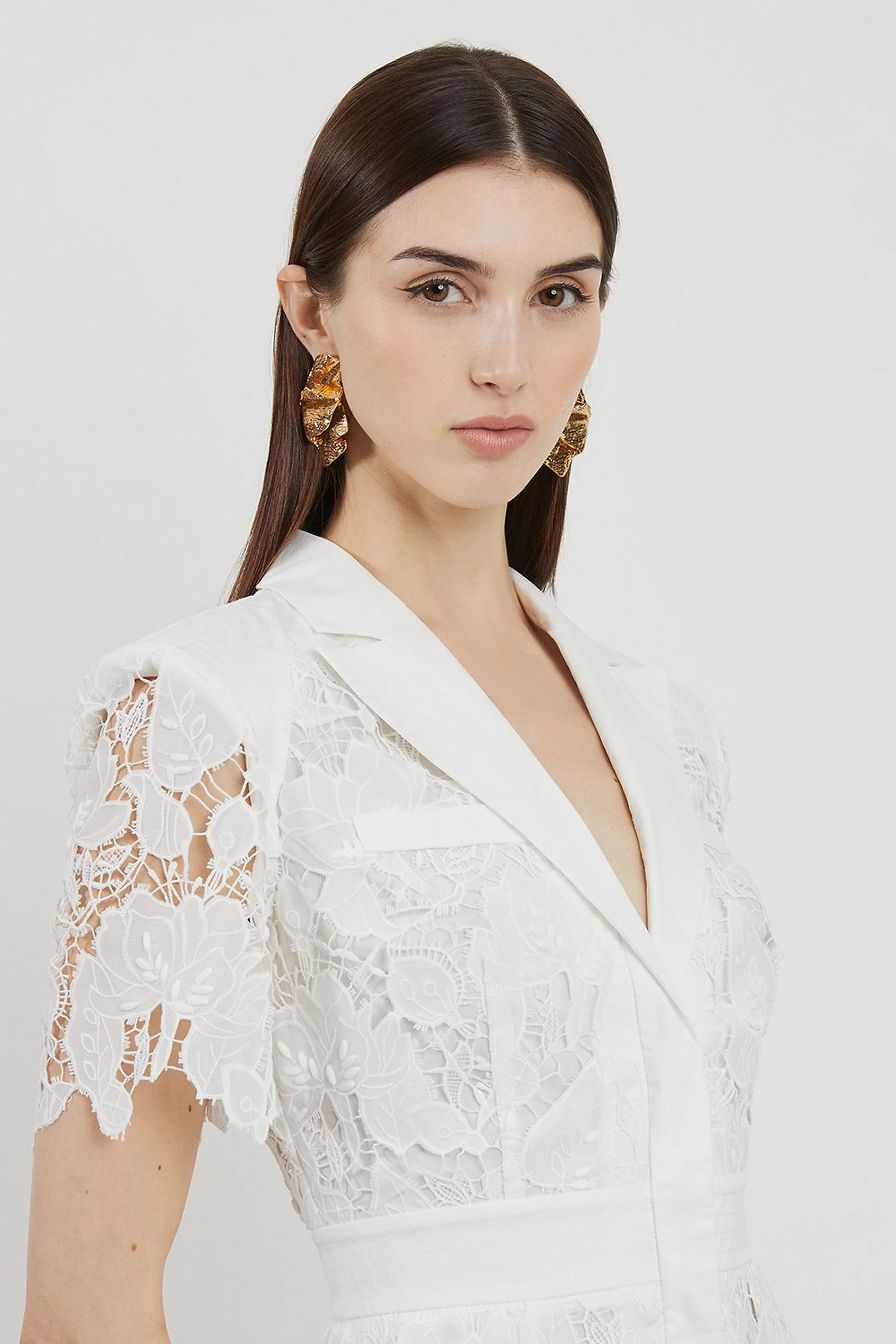 Lace And Embroidered Sharp Shoulder Woven Mini Shirt Dress | Karen Millen UK + IE + DE + NL