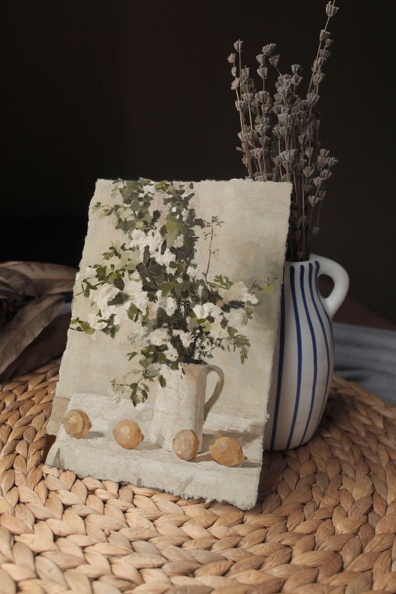 Neutral Still Life Oil Painting / White Flower Vase Art Print - Etsy | Etsy (US)