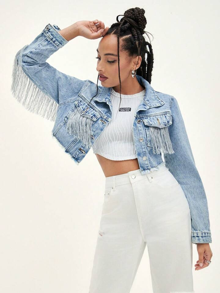 SHEIN BAE Raw Hem Fringe Detail Crop Denim Jacket | SHEIN